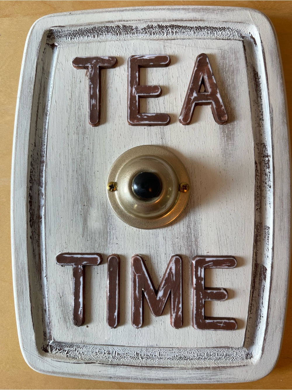 Tea Time Wall Sign with Bronze Bell - Rustic White and Brown